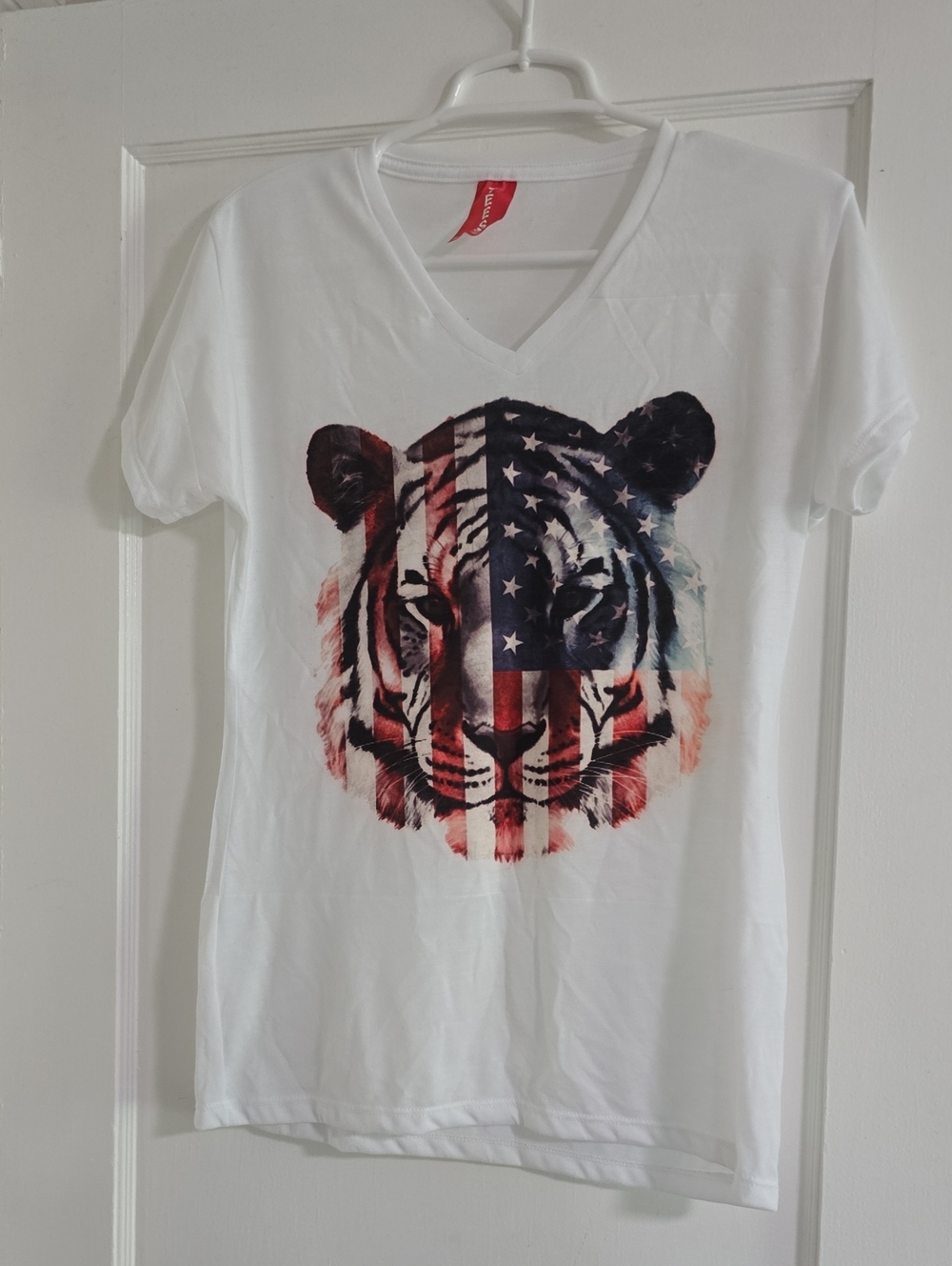 White V-Neck Tee with American Flag Tiger Graphic